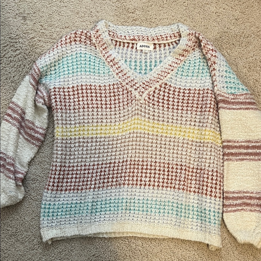 ADORA Striped V-Neck Sweater in Cream, Brown, Blue, and Yellow